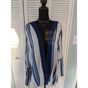 Absolutely Famous Open Cardigan Womens 3X Blue White Stripe Nautical Crochet Top